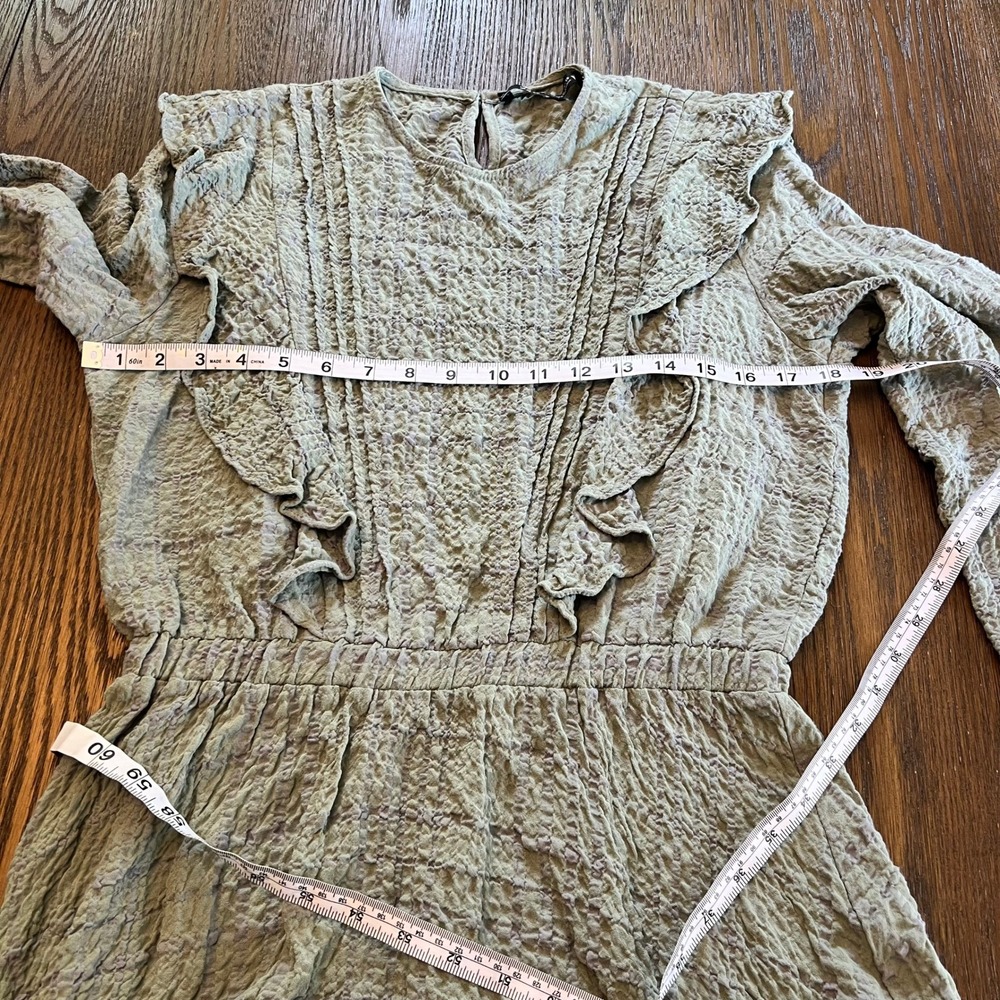 Zara Mini Dress Sage Green Viscose Crinkled Ruffle Boho Romantic CottageCore M - Picture 5 of 9